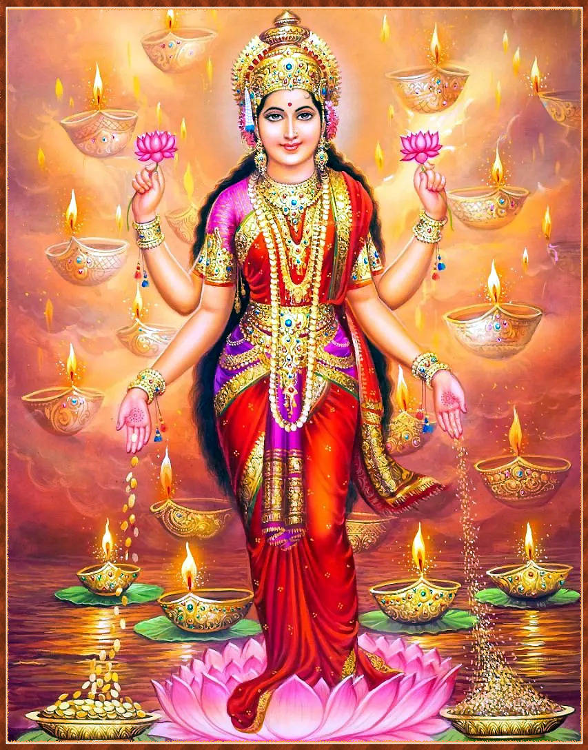 Standing Lakshmi Devi With Lamps Wallpaper