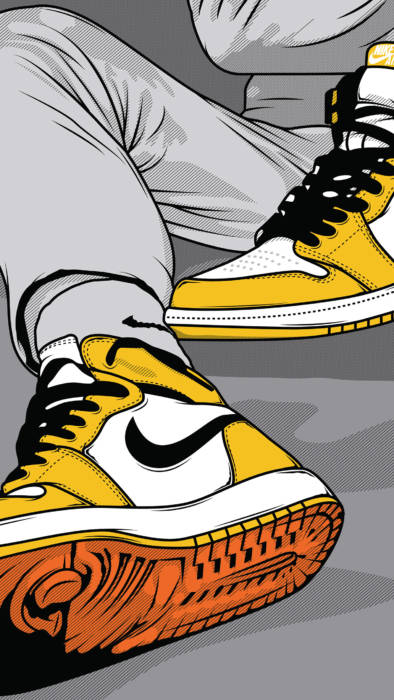 Striking Yellow Nike Jordans On Abstract Background Wallpaper