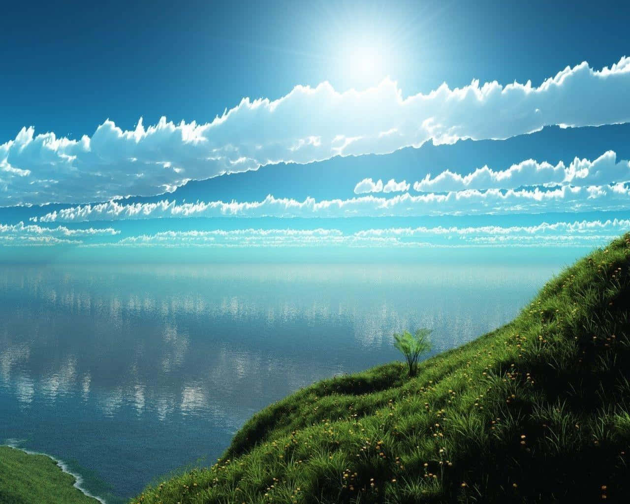 Sunny Lakeside Hillside View Wallpaper