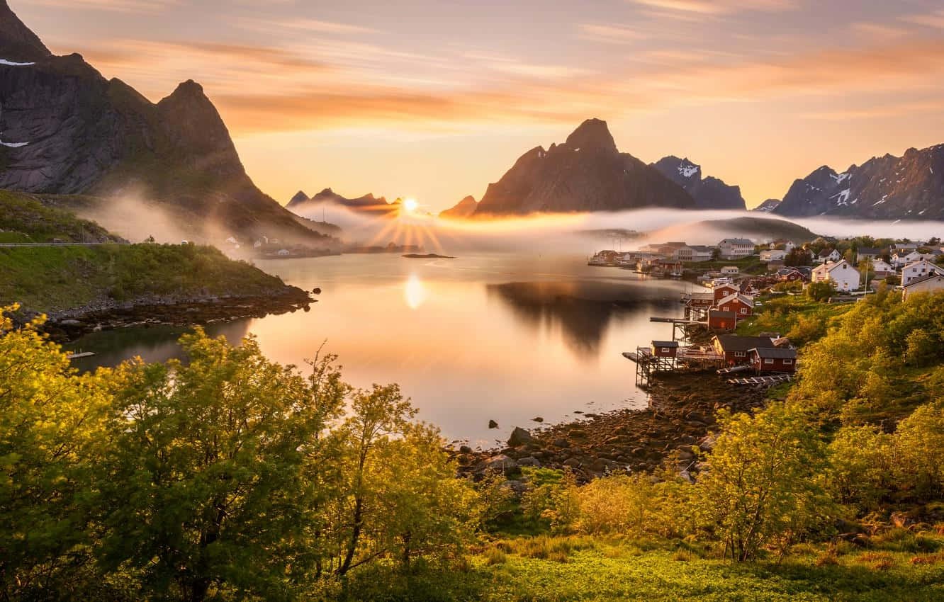 Sunrise Over Lofoten Village Norway Wallpaper