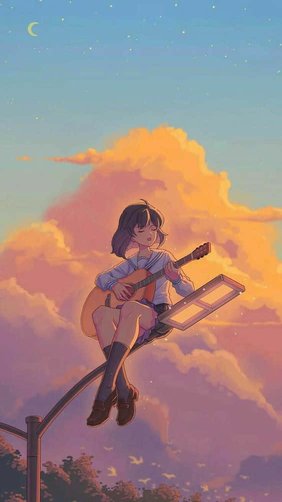 Sunset Anime Girl Aesthetic With Guitar Wallpaper