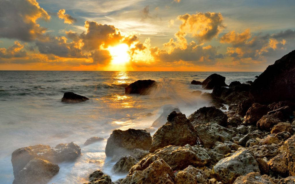 Sunset At Rocky Ocean Desktop Wallpaper