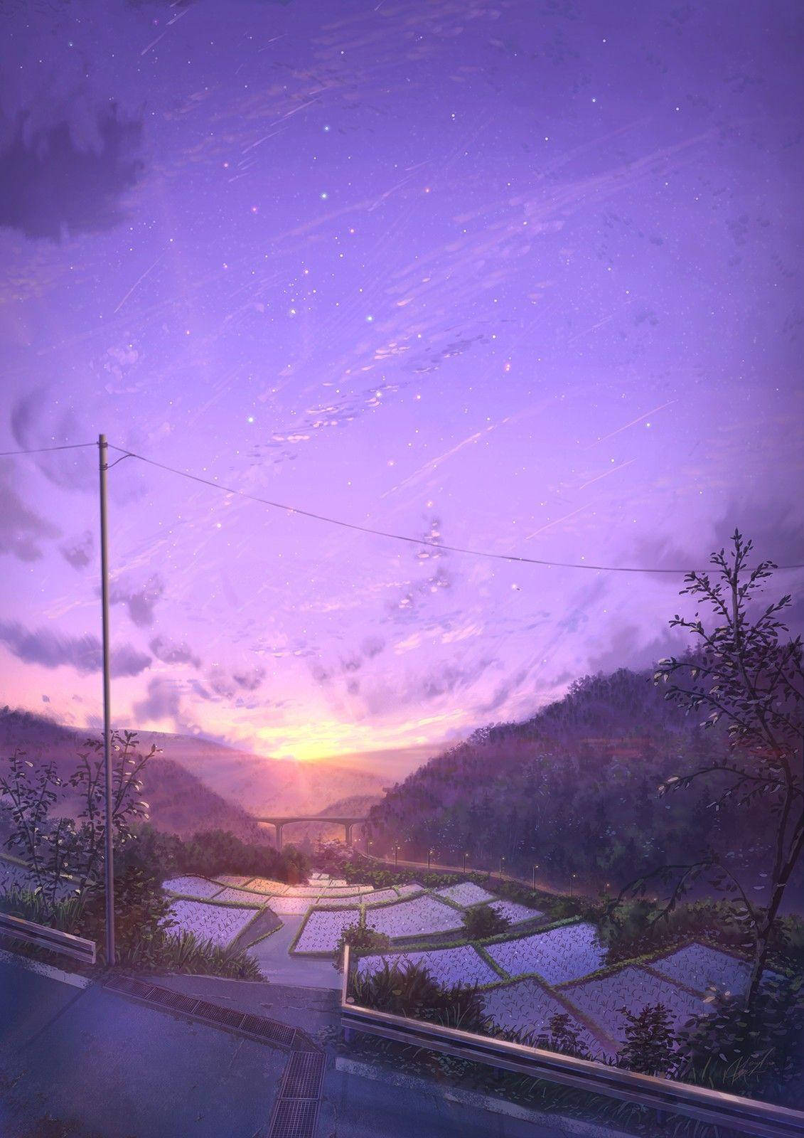 Sunset Over A Field Aesthetic Anime Scenery Wallpaper