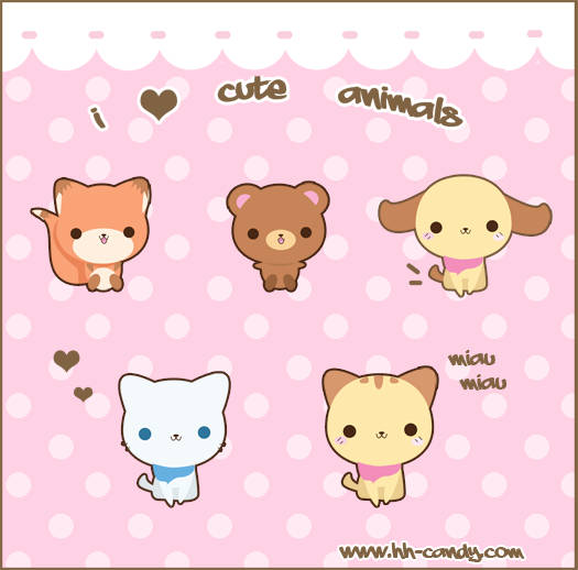 Super Cute Kawaii Characters On Pink Polkadot Wallpaper