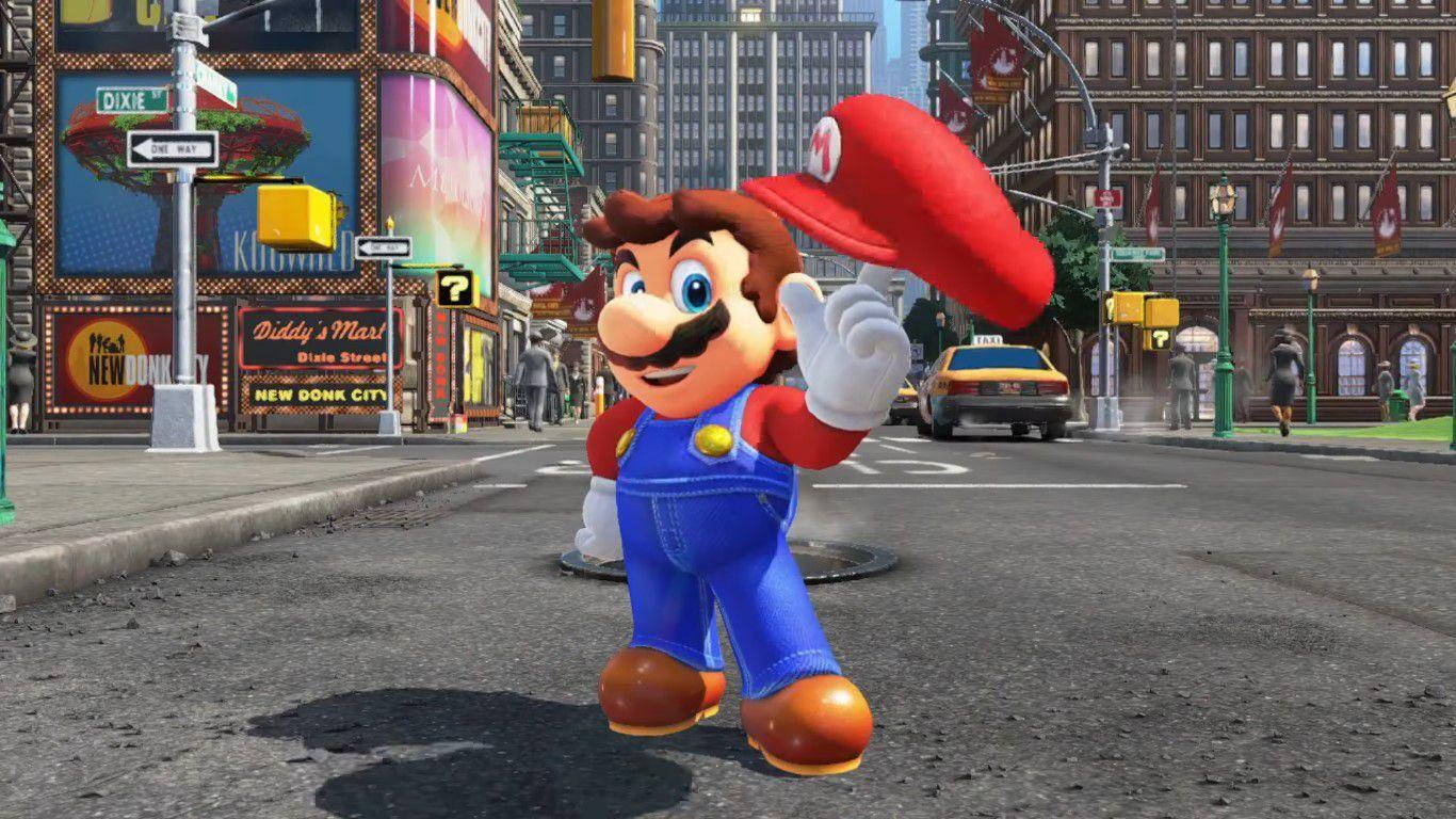 Super Mario Odyssey Mario Holding Cap On Street Wallpaper