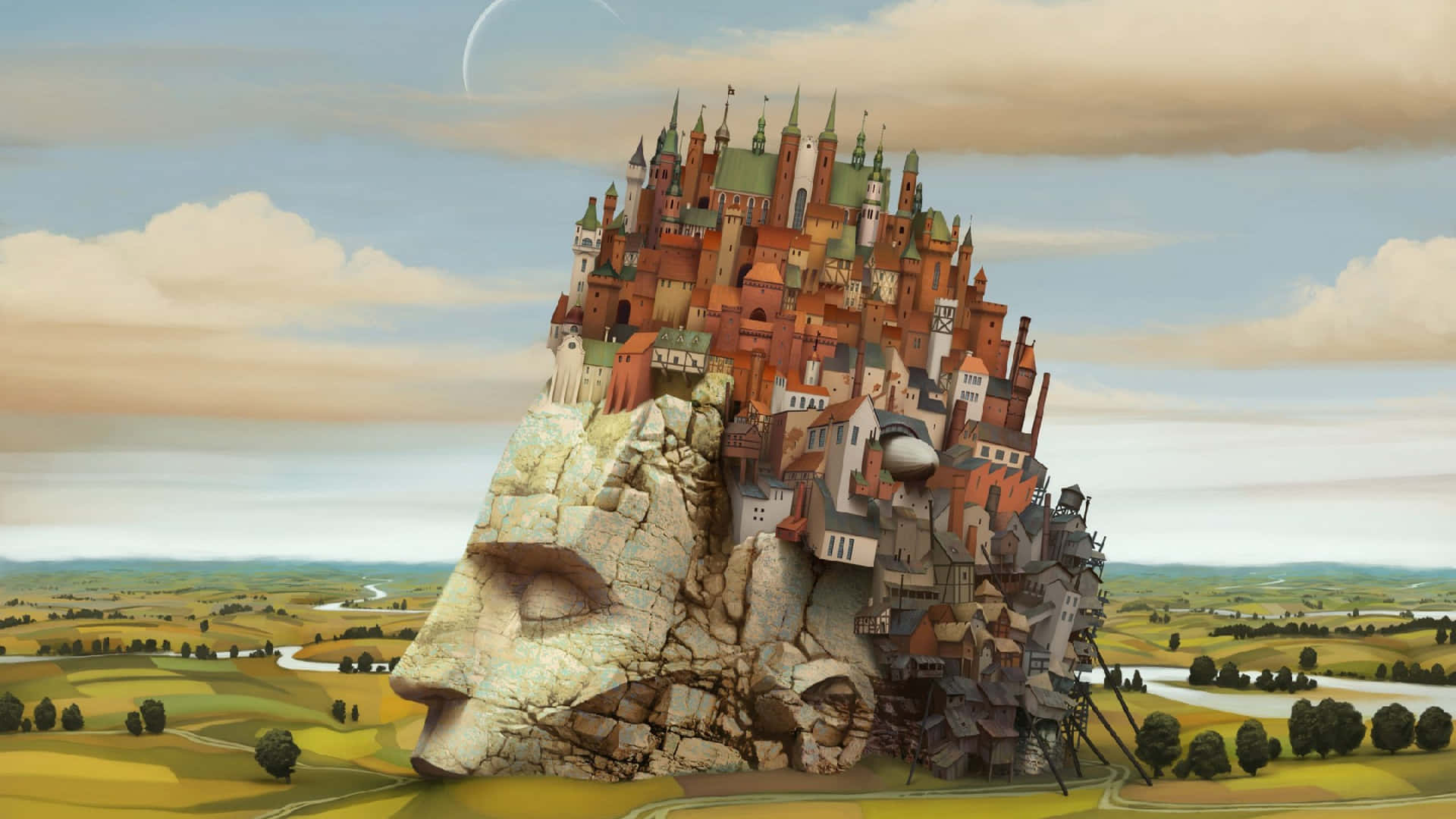 Surreal Art Castle On A Man's Head Wallpaper