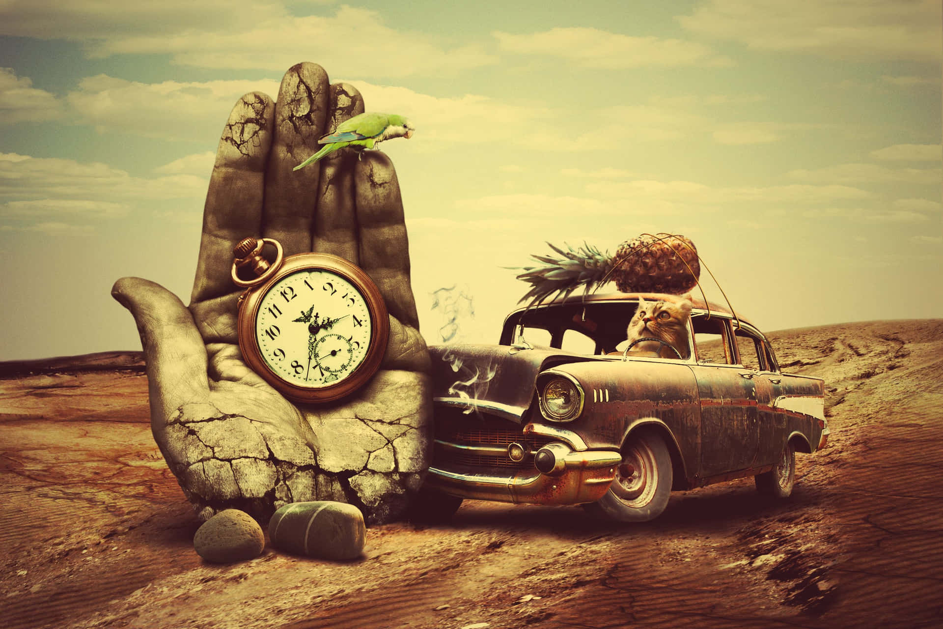 Surreal Art Vintage Car And Pocket Watch Wallpaper