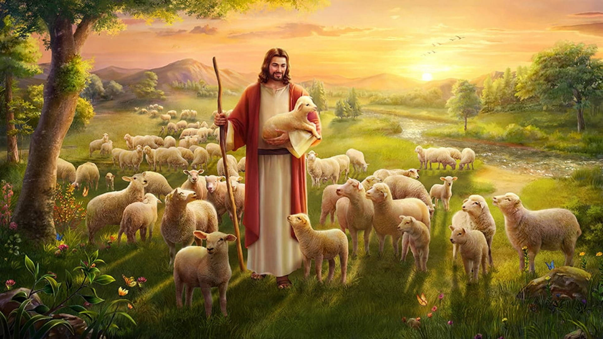 Surrounded By Lambs Jesus Desktop Wallpaper