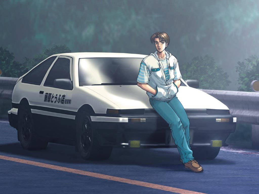 Takumi Fujiwara Draped Over His Race Car In Animated Glory. Wallpaper