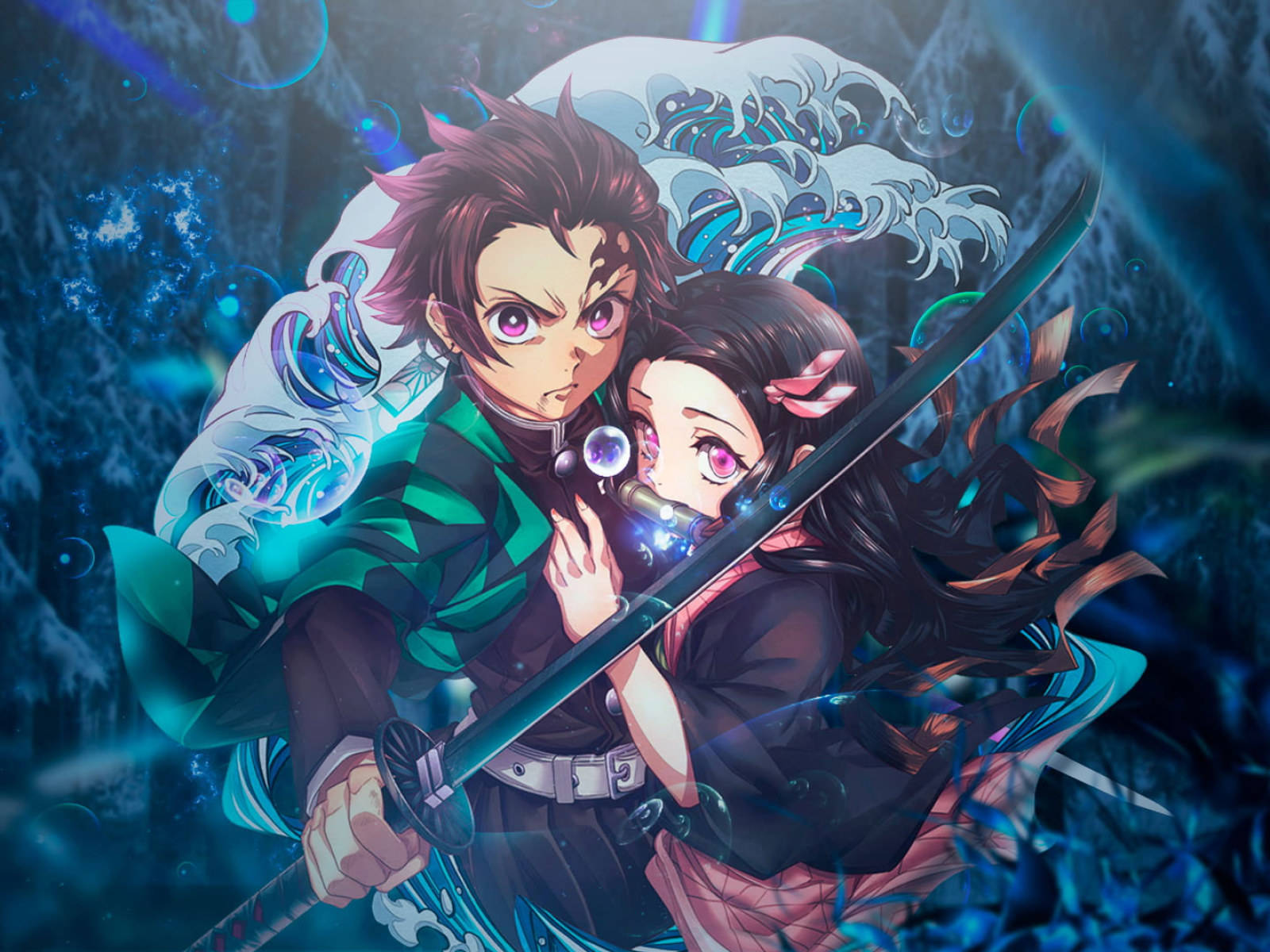 Tanjiro And Nezuko Long Sword Protect Wallpaper