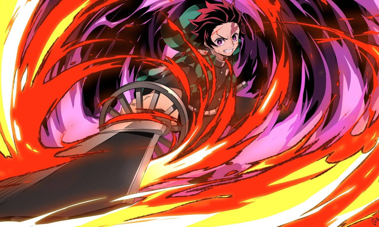Tanjiro Kamado With Purple And Red Flame Wallpaper