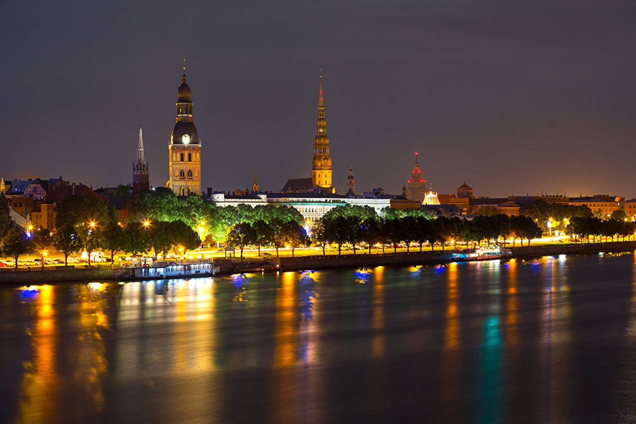 The Beautiful Daugava River At Night Wallpaper