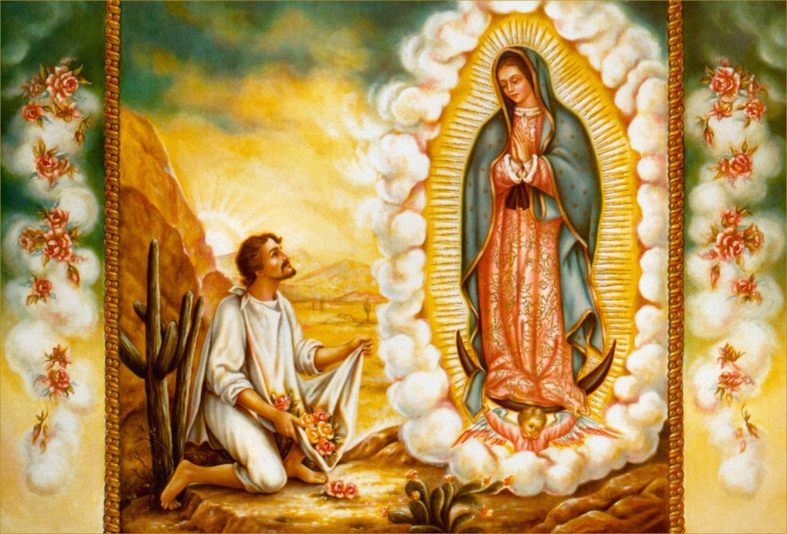 The Vibrant Image Of Virgen De Guadalupe With St. Juan Diego. Wallpaper