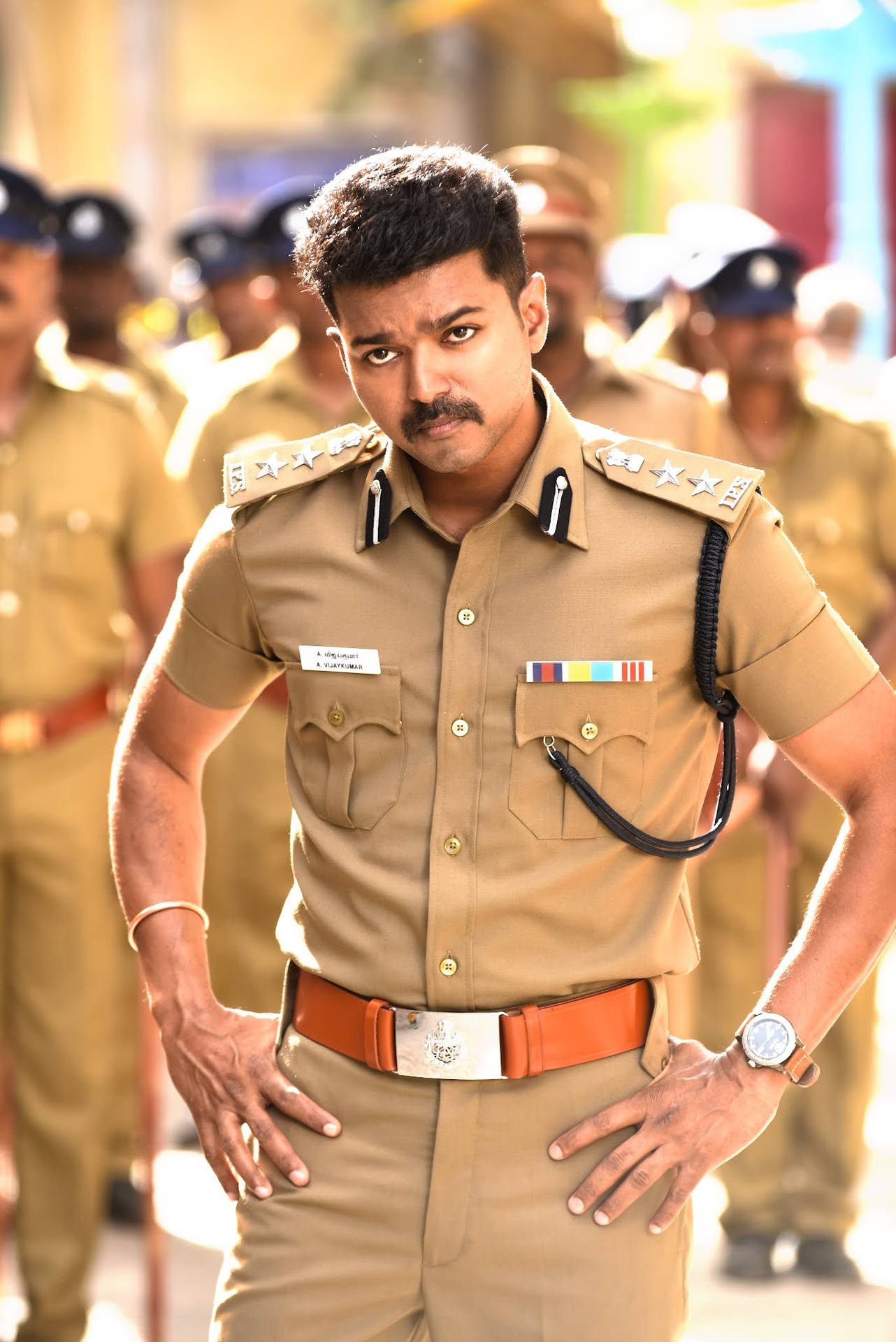 Download free Theri Movie Vijay Hands On Hips Wallpaper - MrWallpaper.com