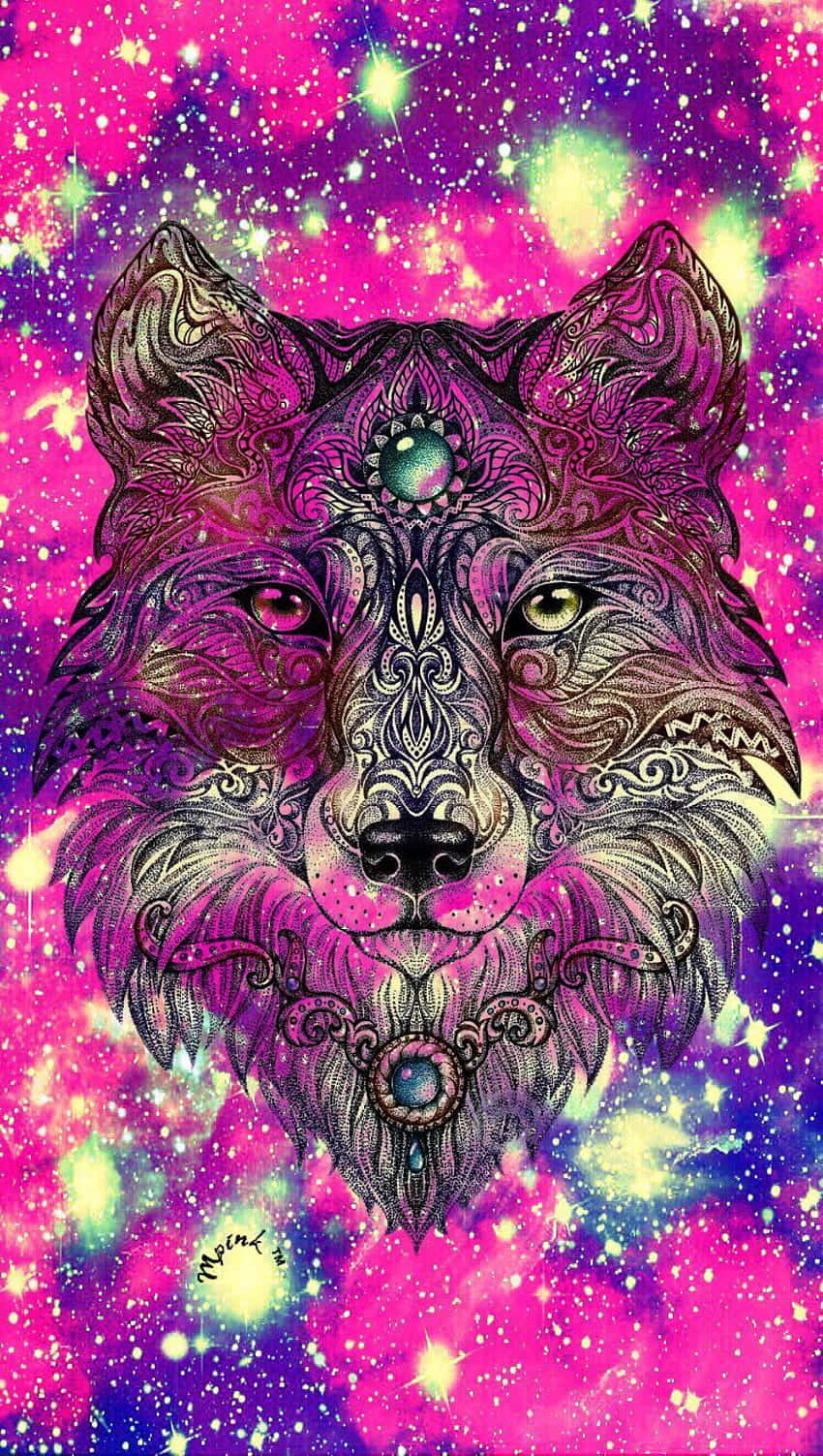 This Is A Striking Image Of A Pink Wolf, Standing Near A Tranquil Lake In A Dreamy Landscape. Wallpaper
