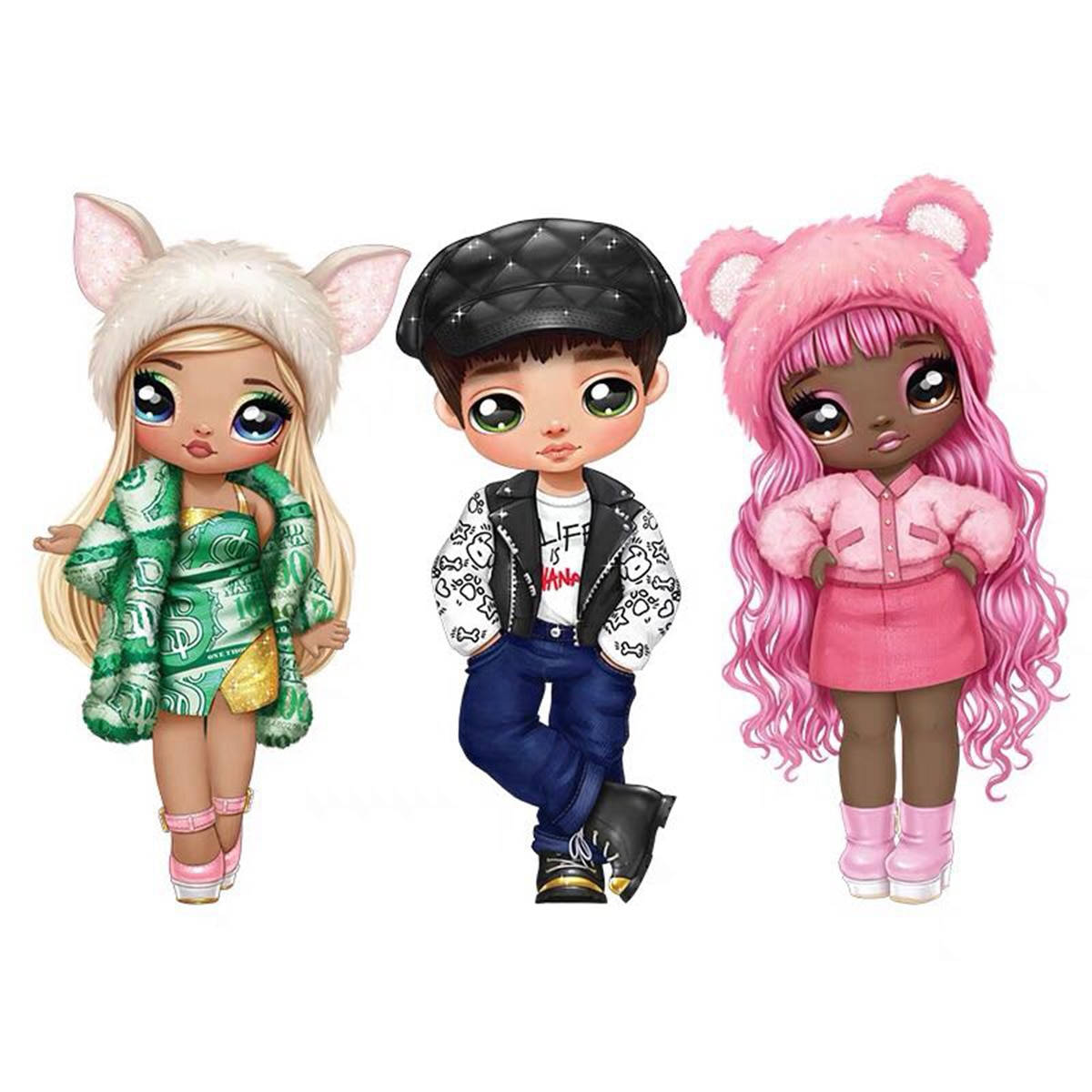 Three Cartoon Dolls With Different Outfits Wallpaper