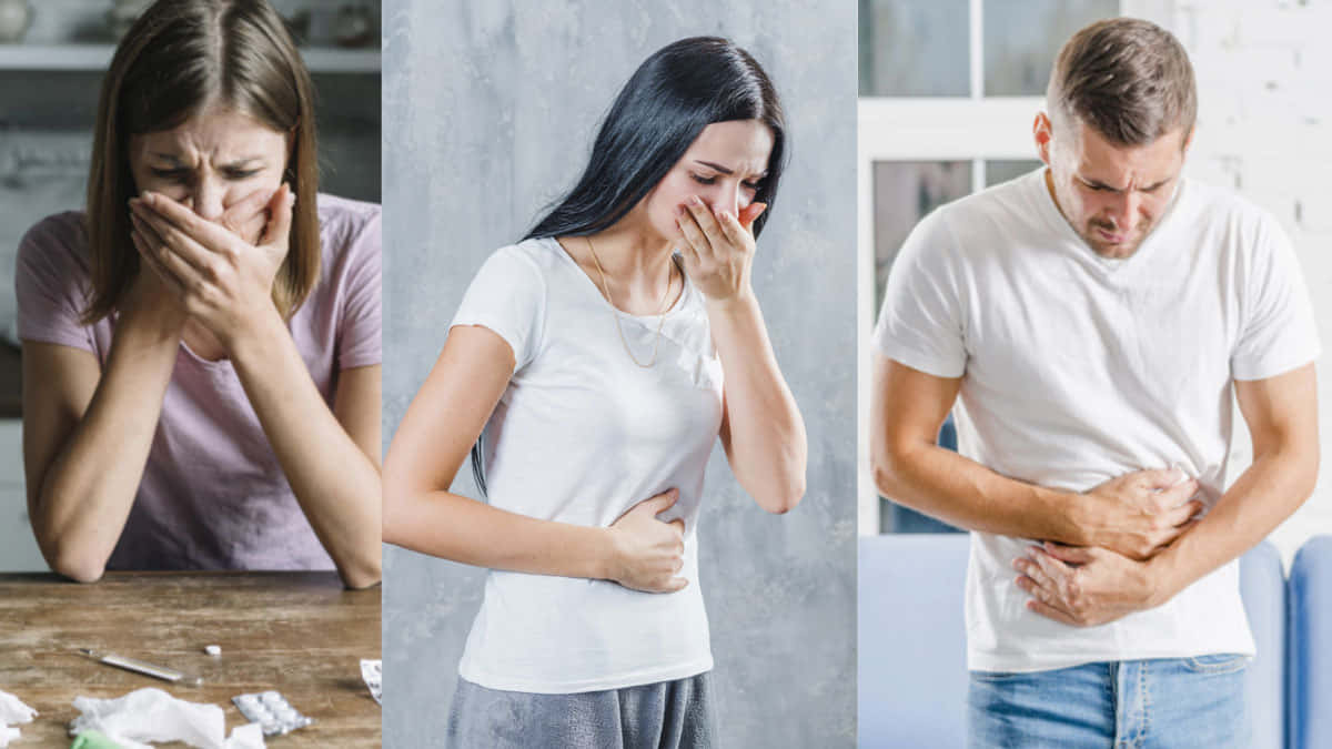 Three People Struggling With Nausea Wallpaper