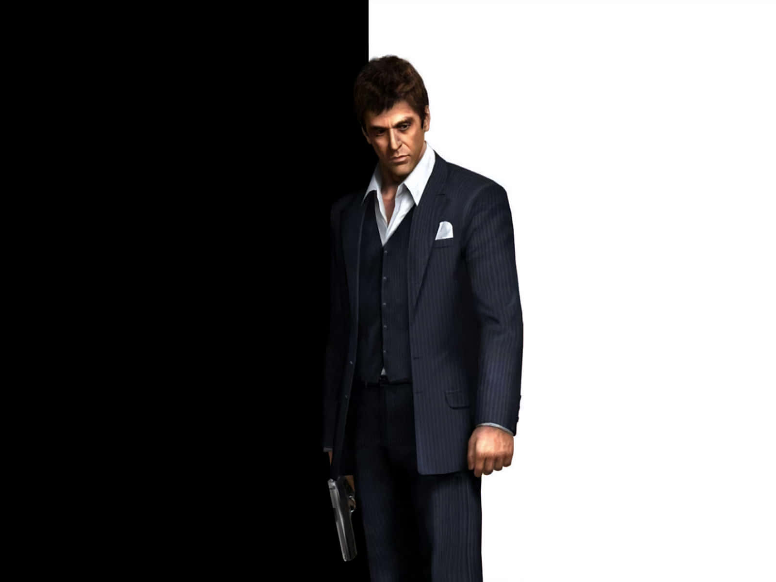 Tony Montana Stands Between Violence And Determination Wallpaper