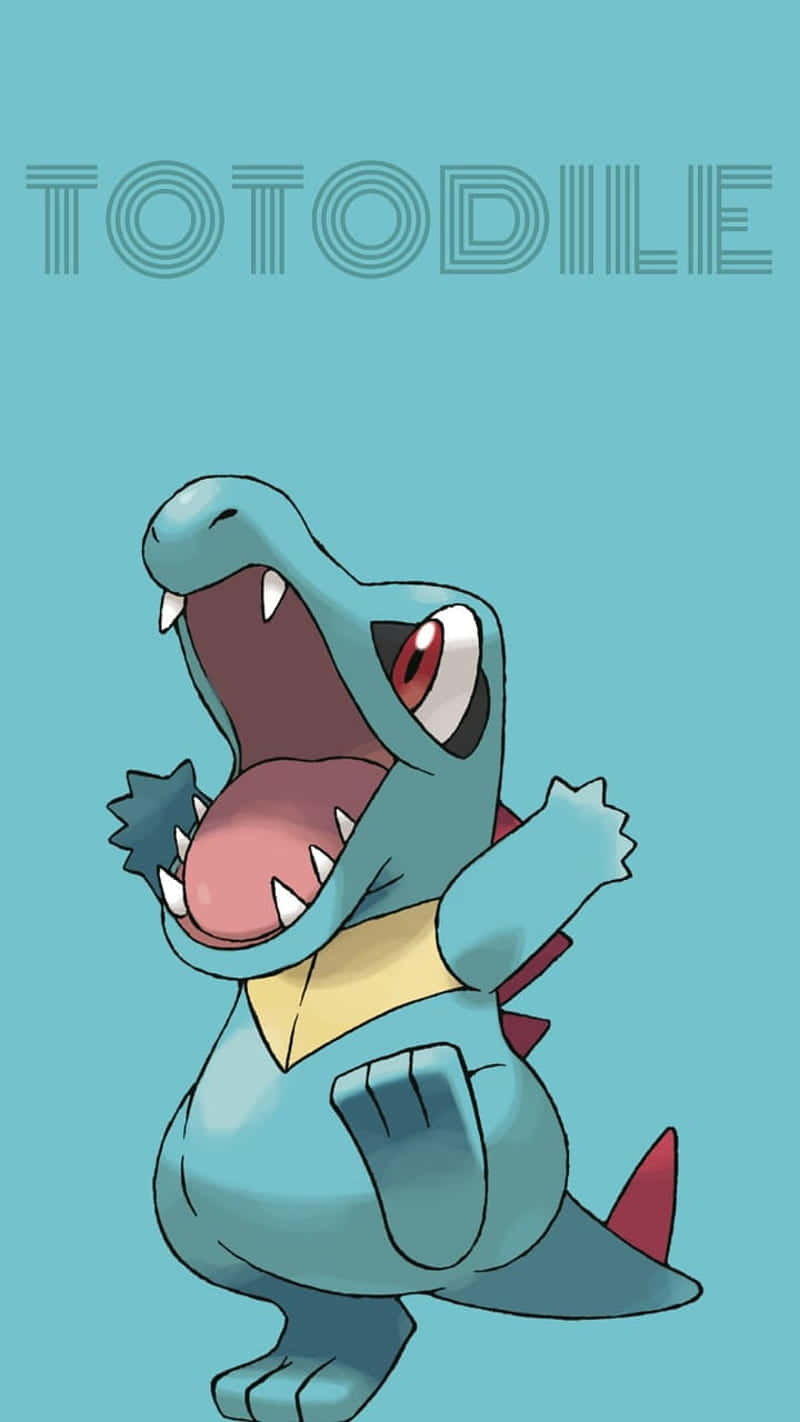 Totodile With Name In Blue Background Wallpaper