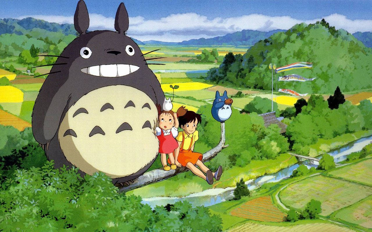 Totoro Kids Over Field Wallpaper