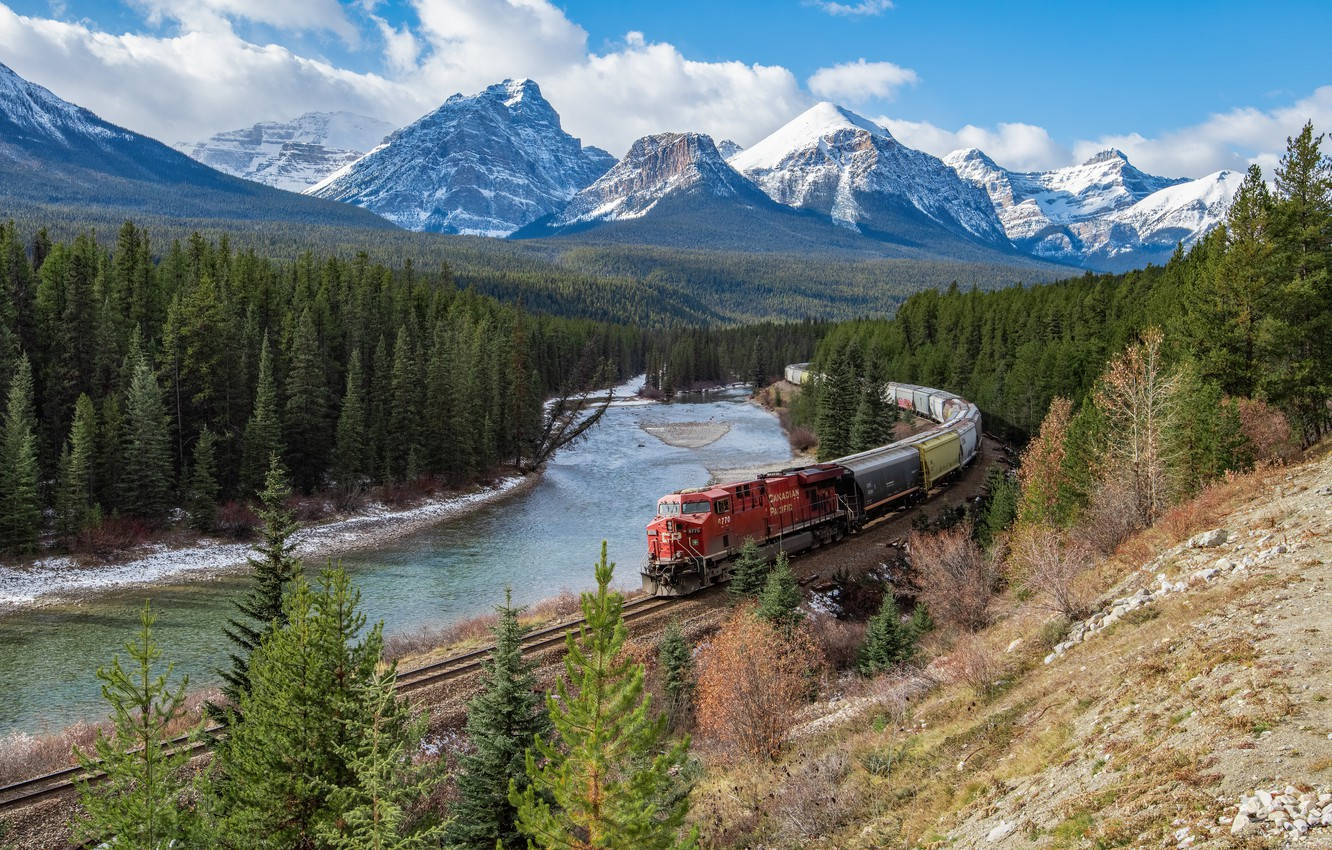 Train In The Mountains River View Wallpaper