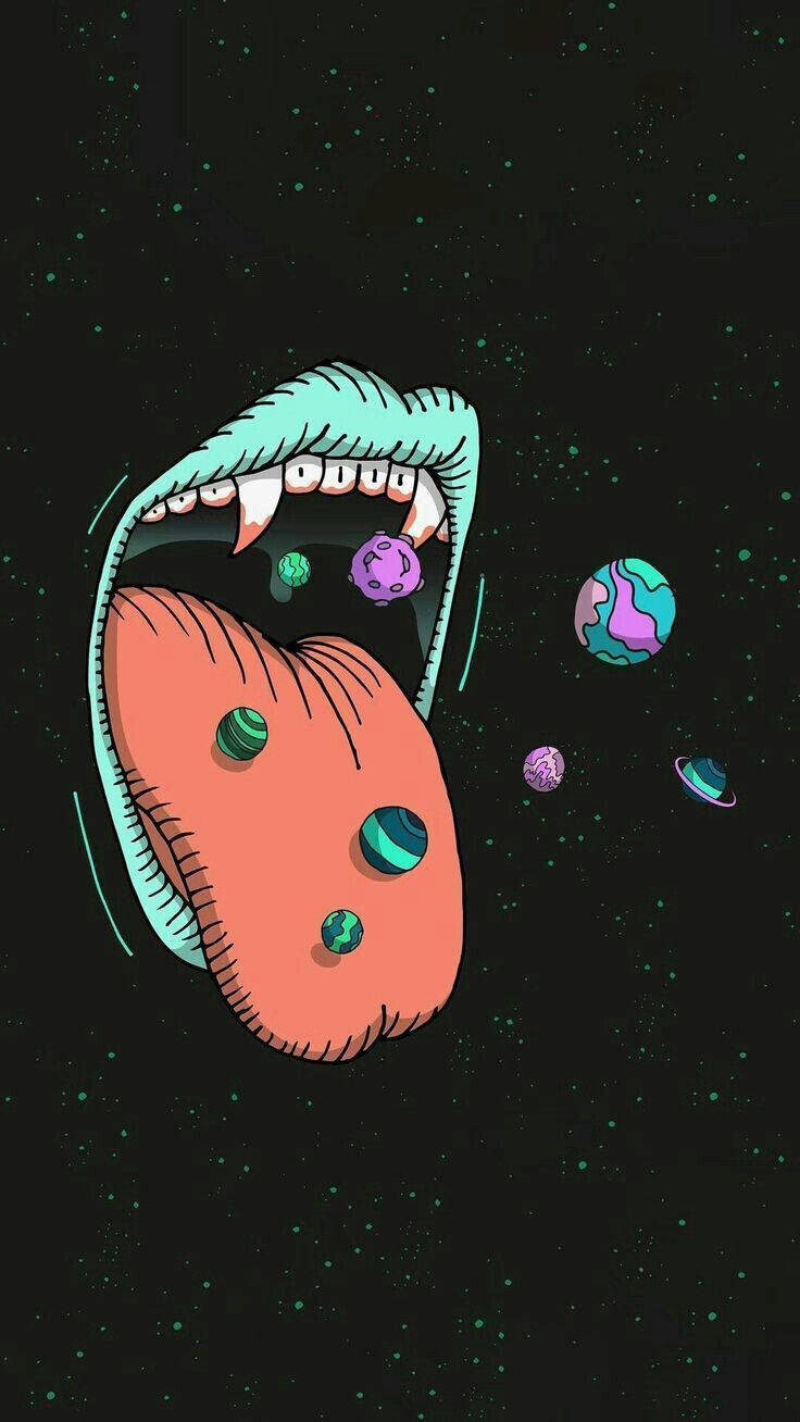 Trippy Dark Art Giant Mouth Eating Planets Wallpaper