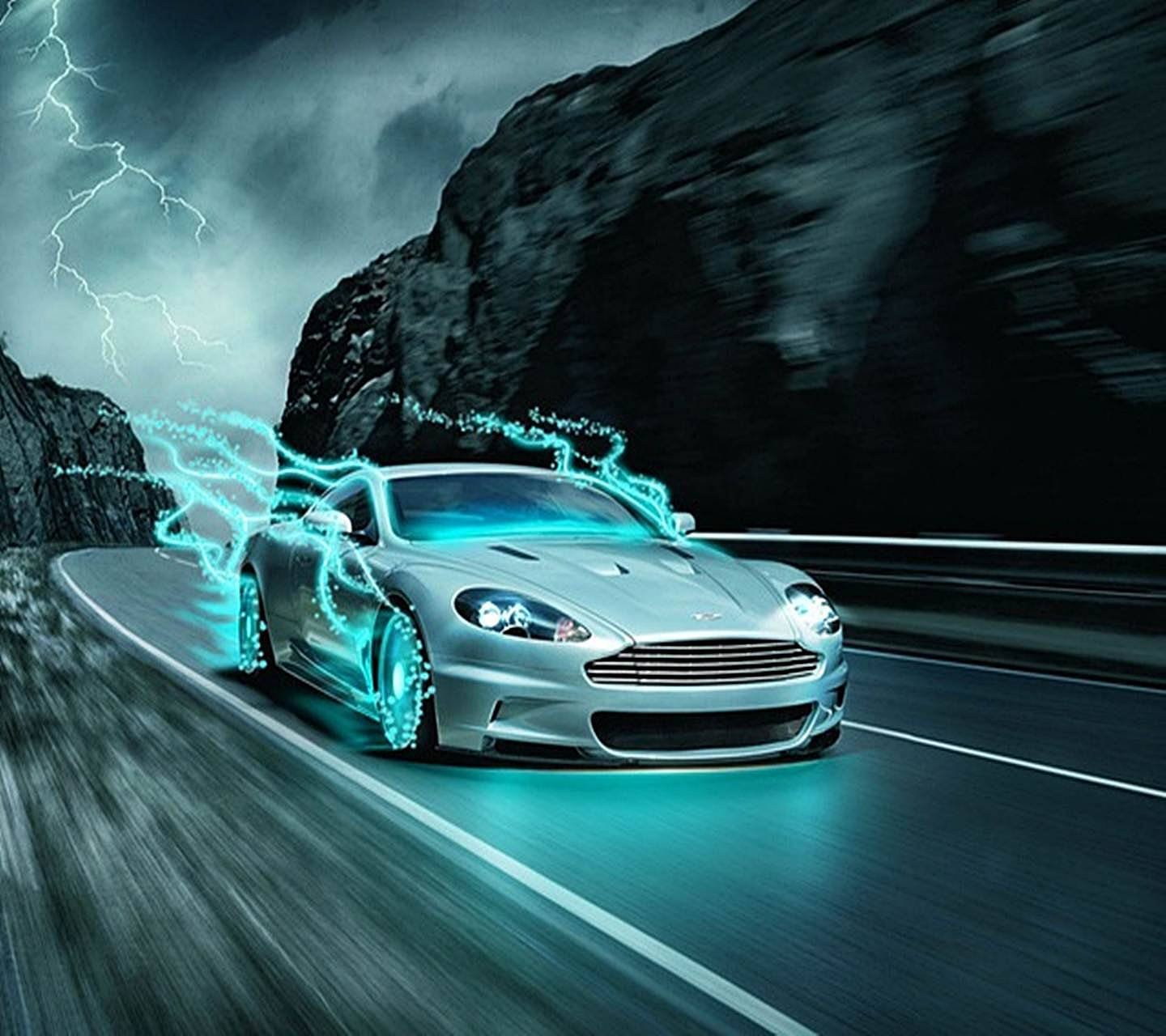 Turquoise Blue Fire Car On Highway Wallpaper