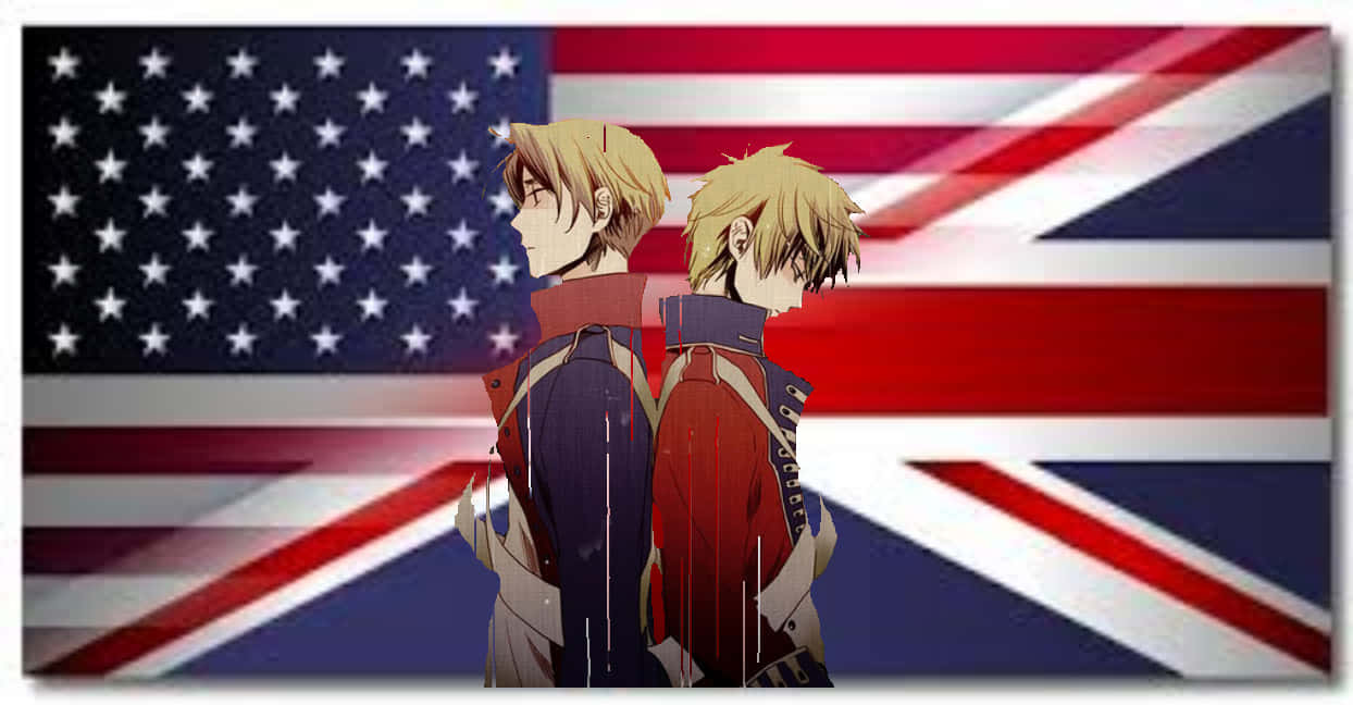 Two Anime Characters Standing In Front Of An American Flag Wallpaper