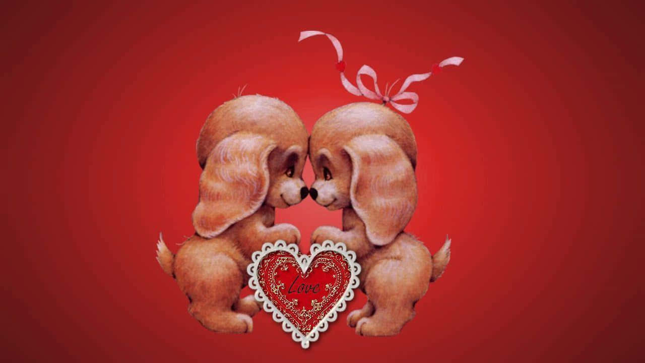 Two Dogs Hugging Each Other On A Red Background Wallpaper