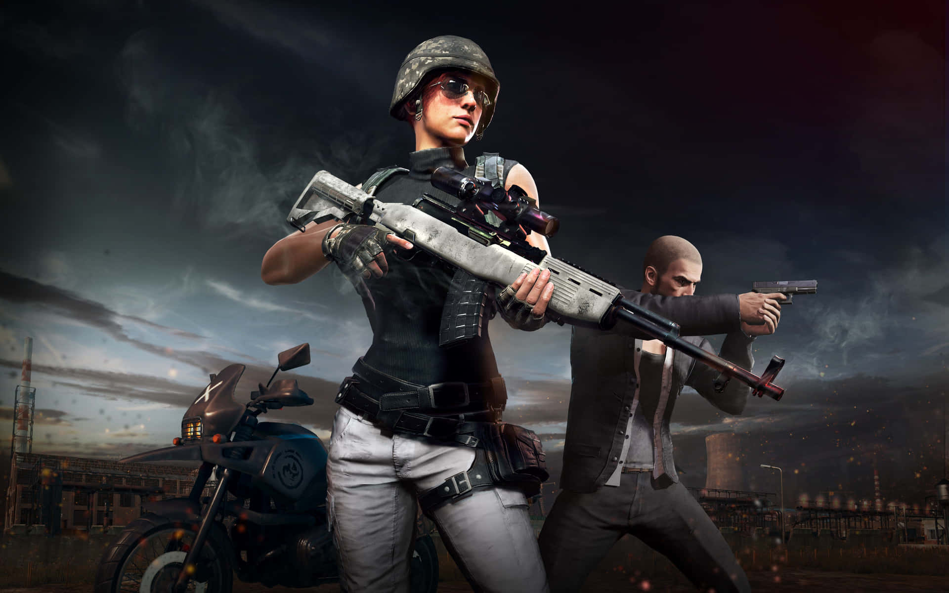 Two People With Guns In Front Of A Motorcycle Wallpaper