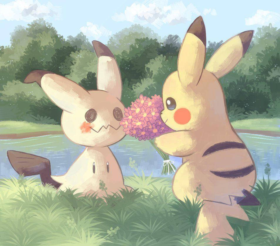 Two Pikachus Are Holding Flowers In The Grass Wallpaper