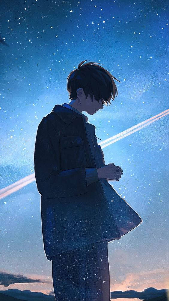Under Starry Sky Alone Boy Anime Wallpaper