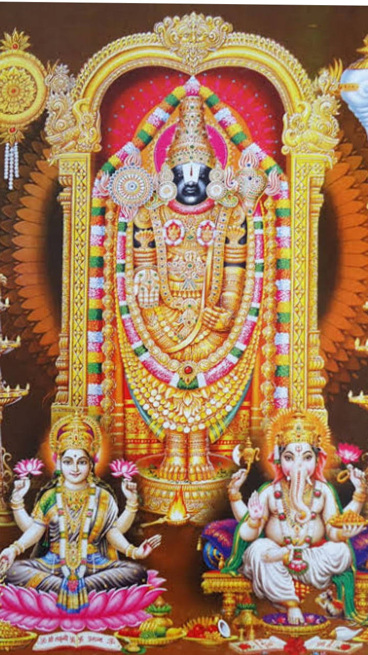 Venkateswara Swamy With Lakshmi And Ganesh Wallpaper