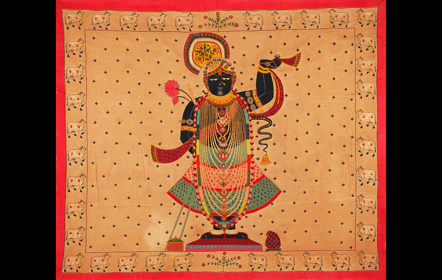Vibrant Shrinathji Pichwai Painting With Red Borders Wallpaper
