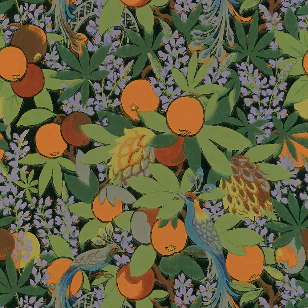 Vintage Orangesand Peacocks Pattern Wallpaper