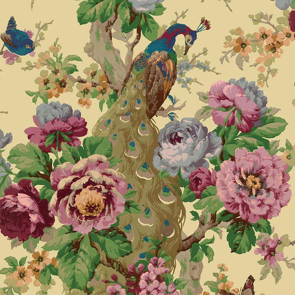 Vintage Peacock Floral Pattern Wallpaper