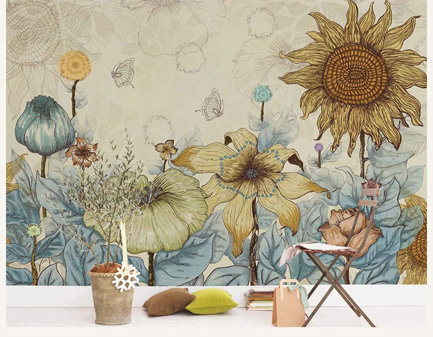 Vintage Sunflower Illustration Wall Art Wallpaper