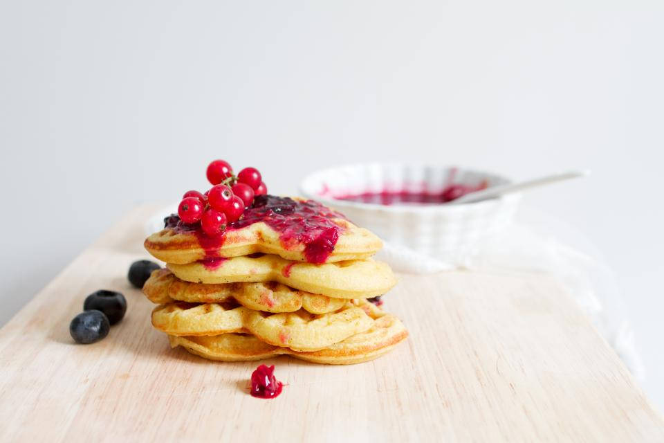 Waffle Pancakes Topped With Fruits Wallpaper