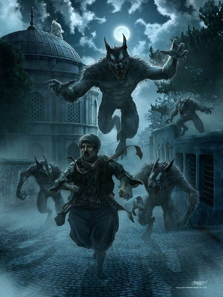 Werewolf Pack Chasing Man Wallpaper