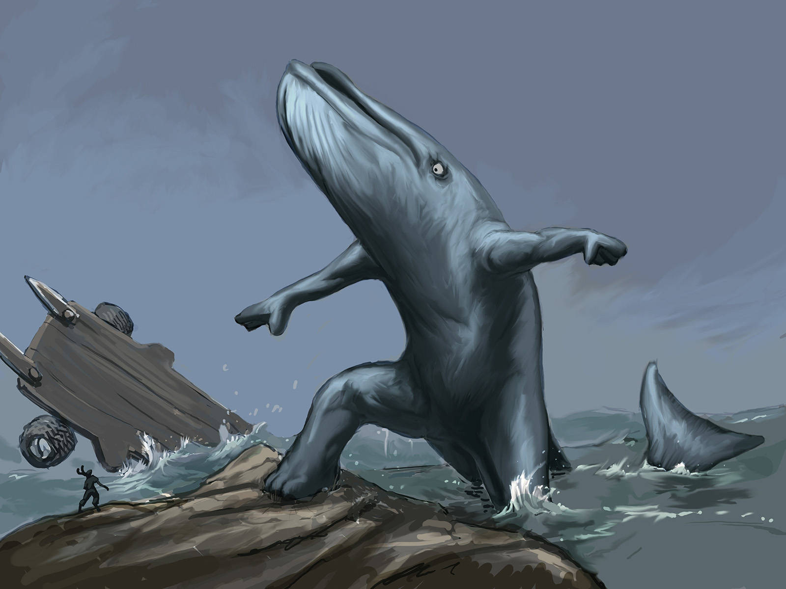Whale Standing Upright Fighting A Man Wallpaper