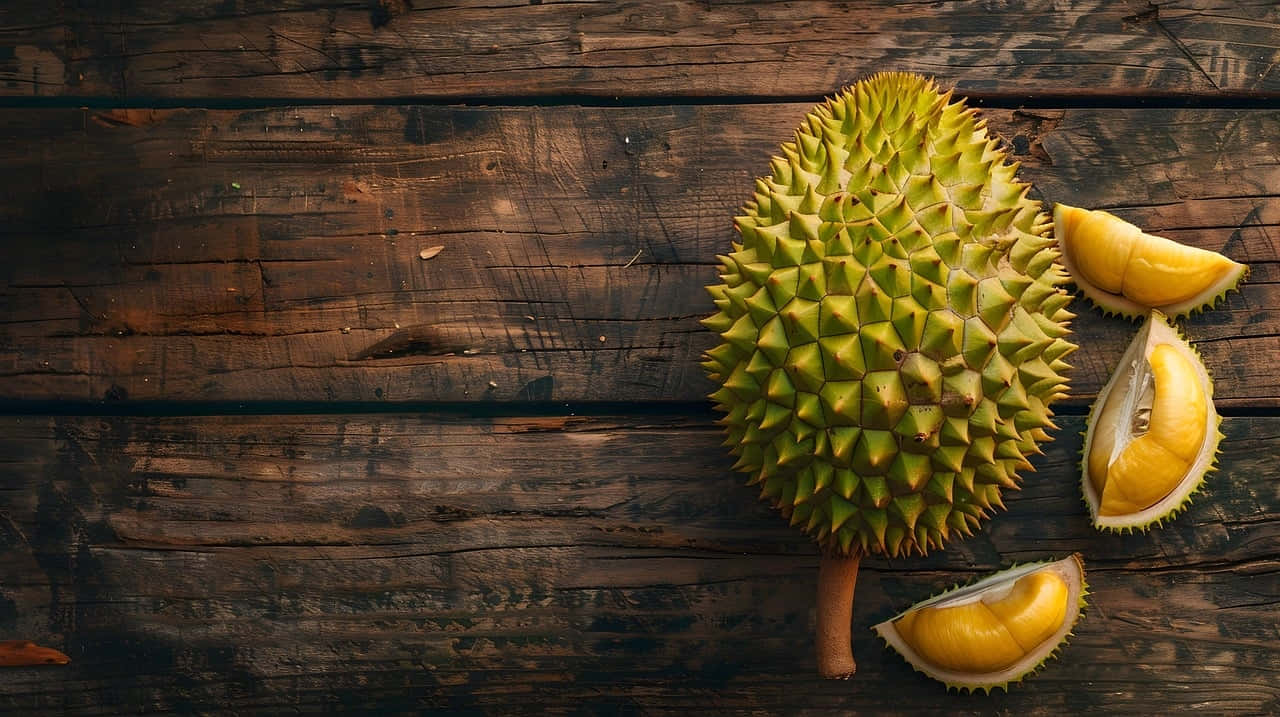 Wholeand Sliced Durian Fruiton Wooden Background Wallpaper