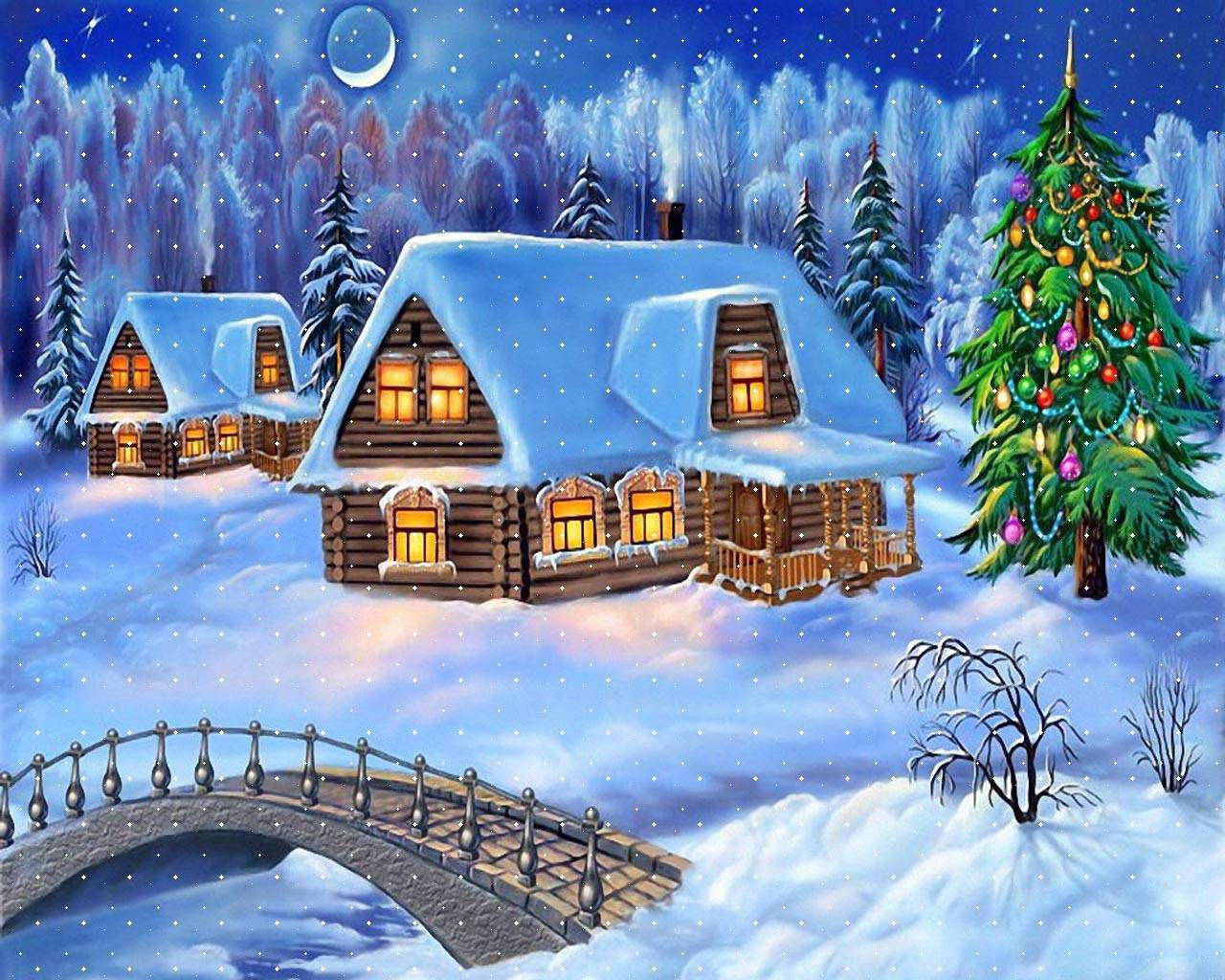 Winter Christmas Log Cabin Wallpaper