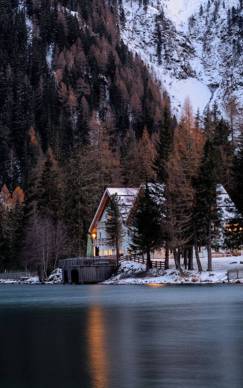 Winter House And A Calm Lake Wallpaper