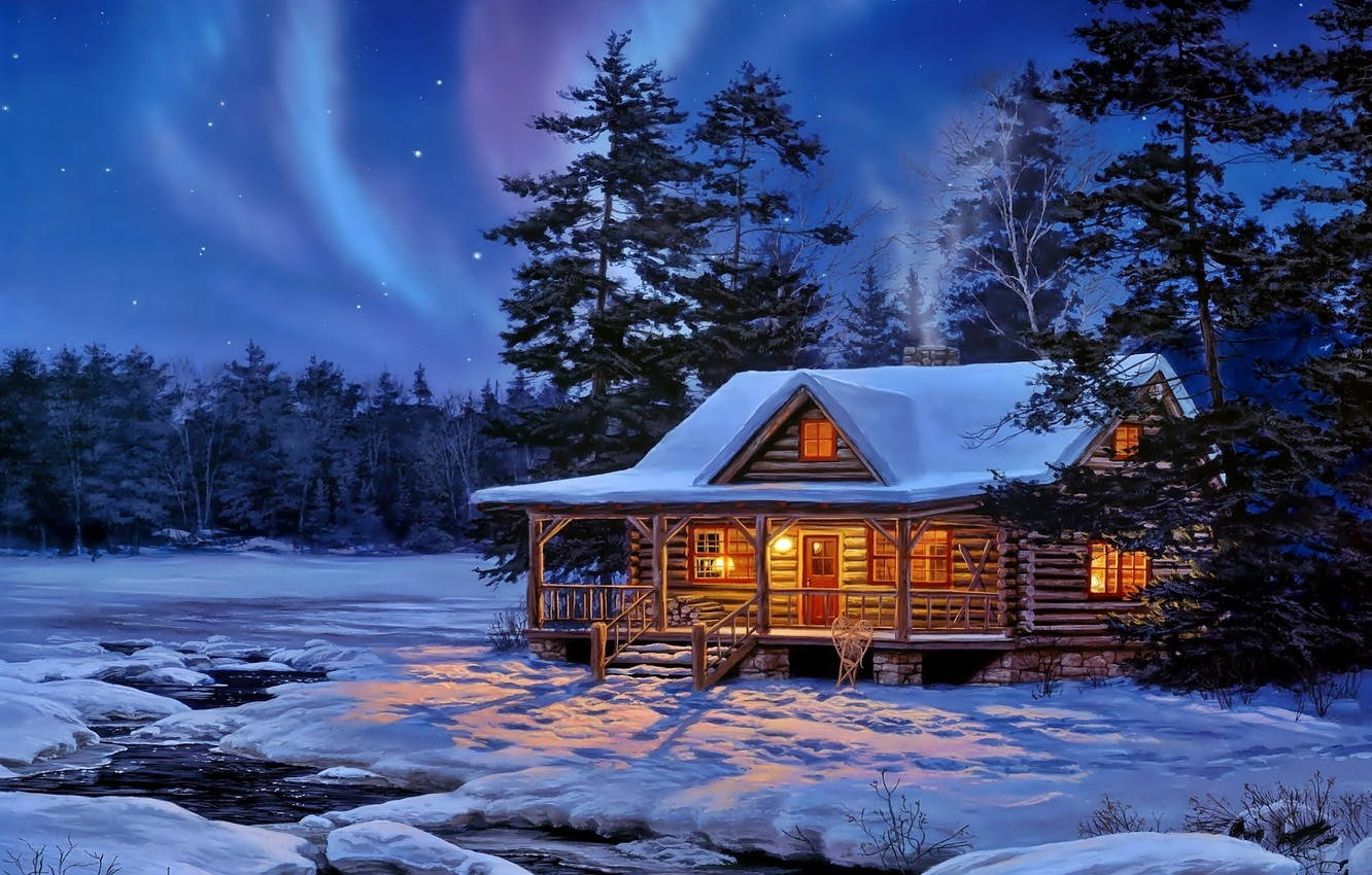 Winter House And Northern Lights Wallpaper