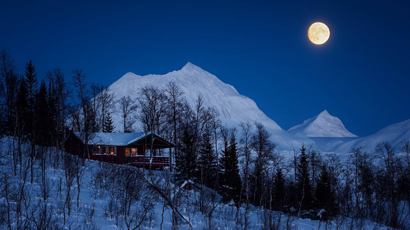 Winter House Under A Full Moon Wallpaper