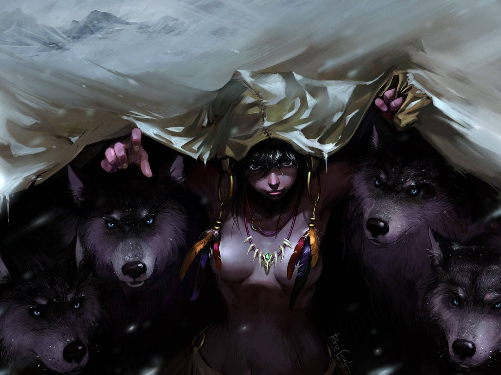 Wolf Girl And Four Wolves Wallpaper