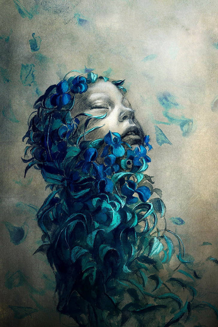 Woman Covered With Blue Flower Iphone Wallpaper