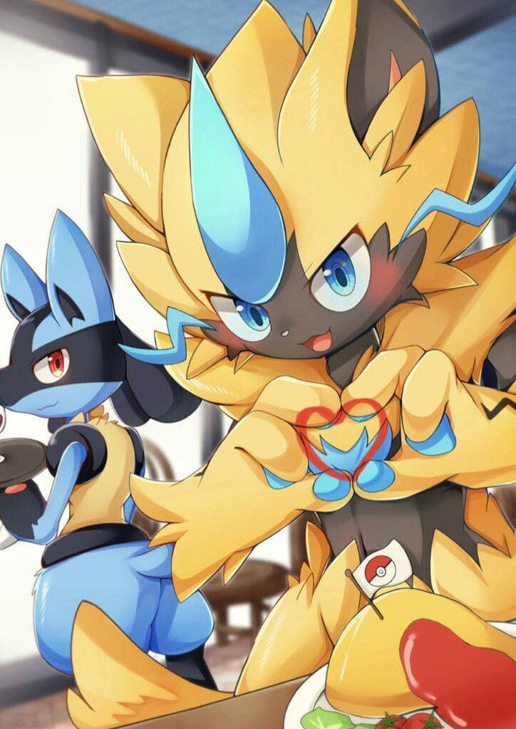 Zeraora Making Heart Lucario Wallpaper