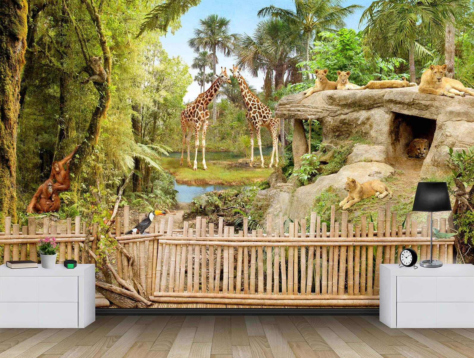 Zoo With Giraffes, Lions And Chimpanzees Wallpaper