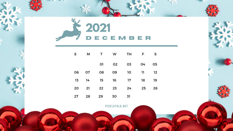 2021 December Calendar With Red Snowflakes And Snowflakes Wallpaper